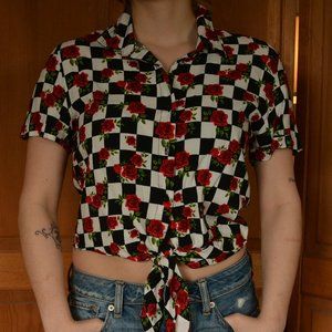 Checkered Rose Button Down Tied Tee